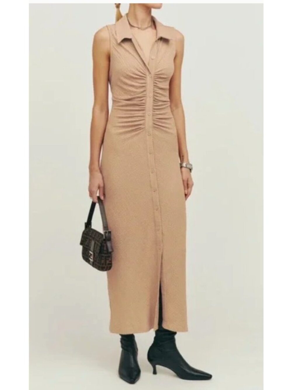 Reformation‎ Cielo Dress Womens Small Tan Sleeveless Button Front Ruched Maxi